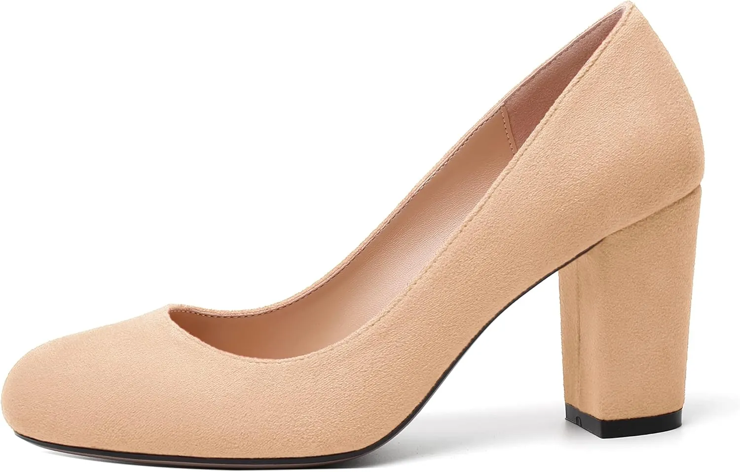WAYDERNS Womens Suede Round Toe Office Solid Slip On Fashion Block High Heel Pumps Shoes 3.3 Inch