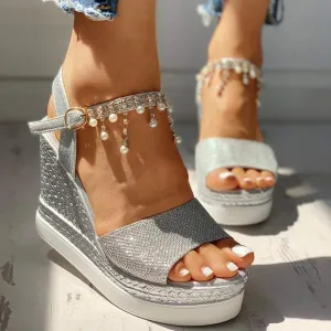 Wedge Sandals for Women 2025 Dressy Summer Espadrille Sandals with Pearl Shiny Open Toe Beach Wedges with Ankle Strap Buckle Banquet Party High Heels