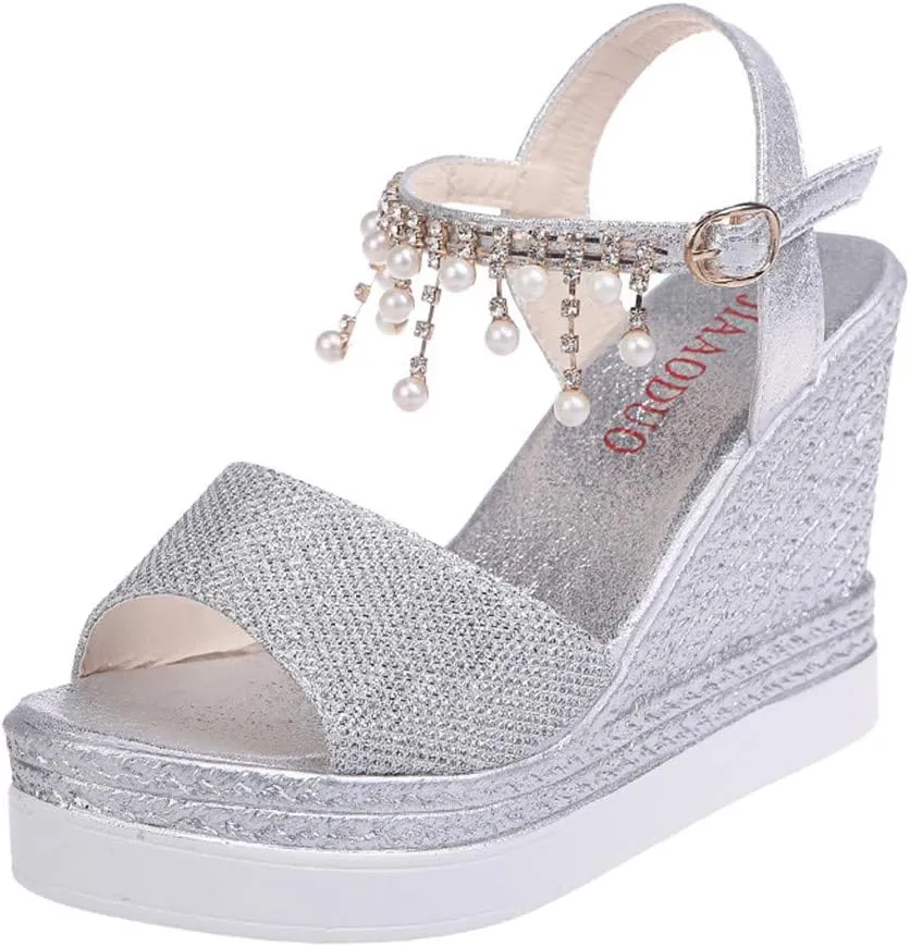 Wedge Sandals for Women 2025 Dressy Summer Espadrille Sandals with Pearl Shiny Open Toe Beach Wedges with Ankle Strap Buckle Banquet Party High Heels