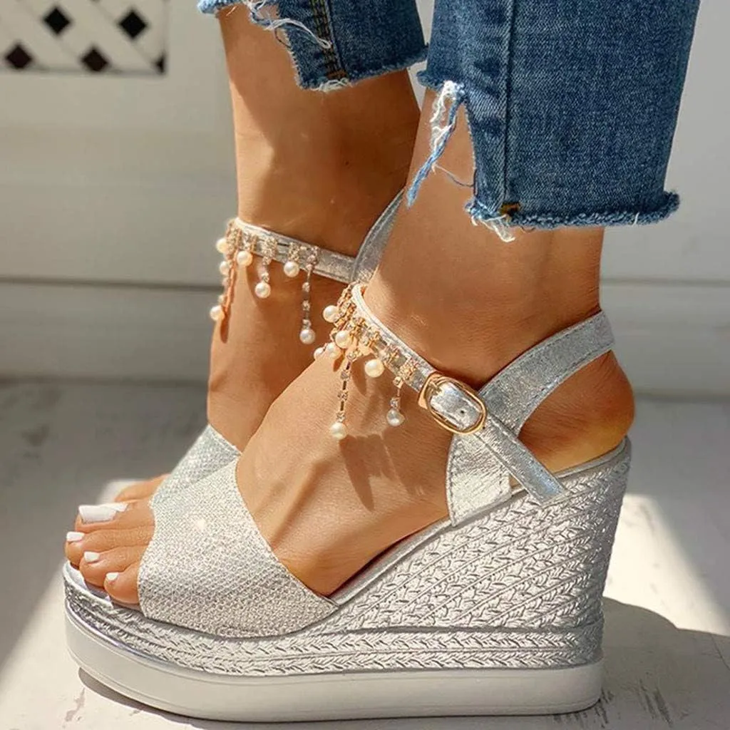 Wedge Sandals for Women 2025 Dressy Summer Espadrille Sandals with Pearl Shiny Open Toe Beach Wedges with Ankle Strap Buckle Banquet Party High Heels