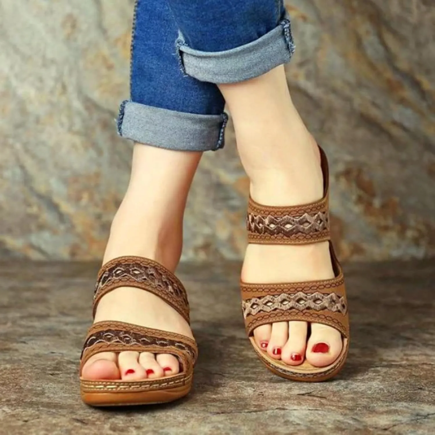 Wedge Sandals for Women Dressy Embroidered Orthopedic Sandals, Womens Summer Casual Slip On Platform Wedges Open Toe Two Band Breathable Walking Slippers