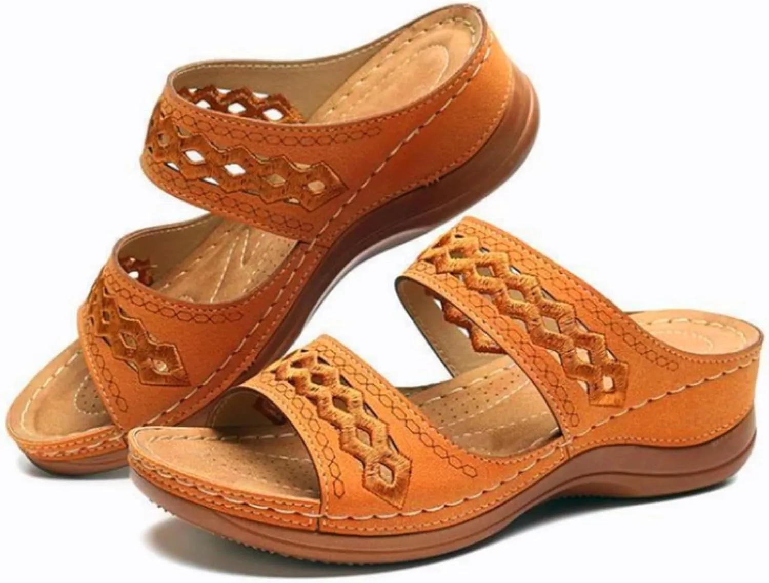 Wedge Sandals for Women Dressy Embroidered Orthopedic Sandals, Womens Summer Casual Slip On Platform Wedges Open Toe Two Band Breathable Walking Slippers