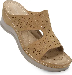 Wedges Sandals for Women Dressy, Flower Cut Out Platform Slides Sandal Comfort Low Wedge