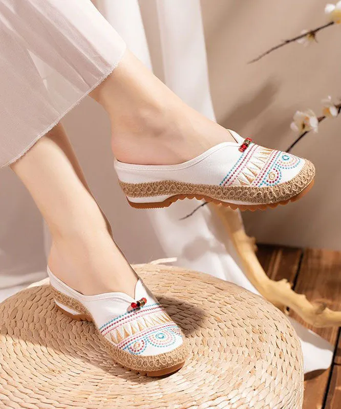White Embroidered Slide Sandals Retro Splicing Linen Fabric
