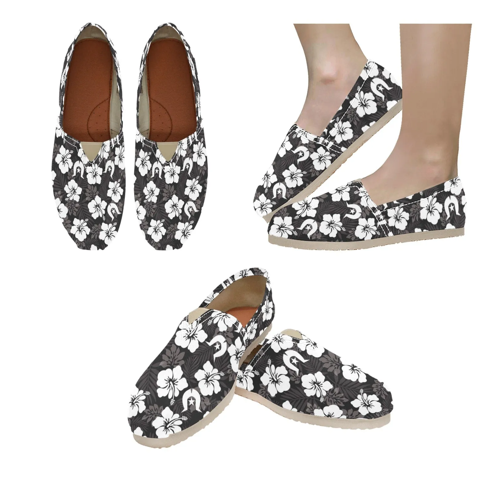 White Hibiscus and Dhari (Black) on Men's Classic Canvas Slip-On Shoes
