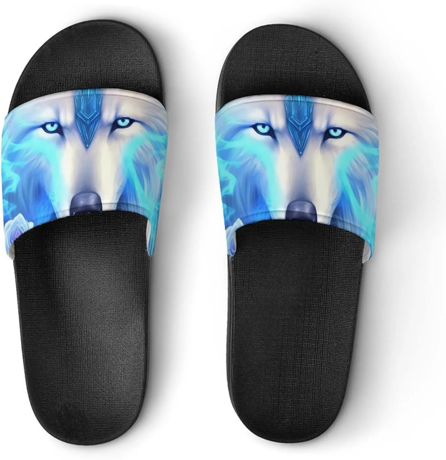 White Ice Wolf Men's Slide Sandal Non Slip Shower Shoes Bathroom Slippers for Pool Beach