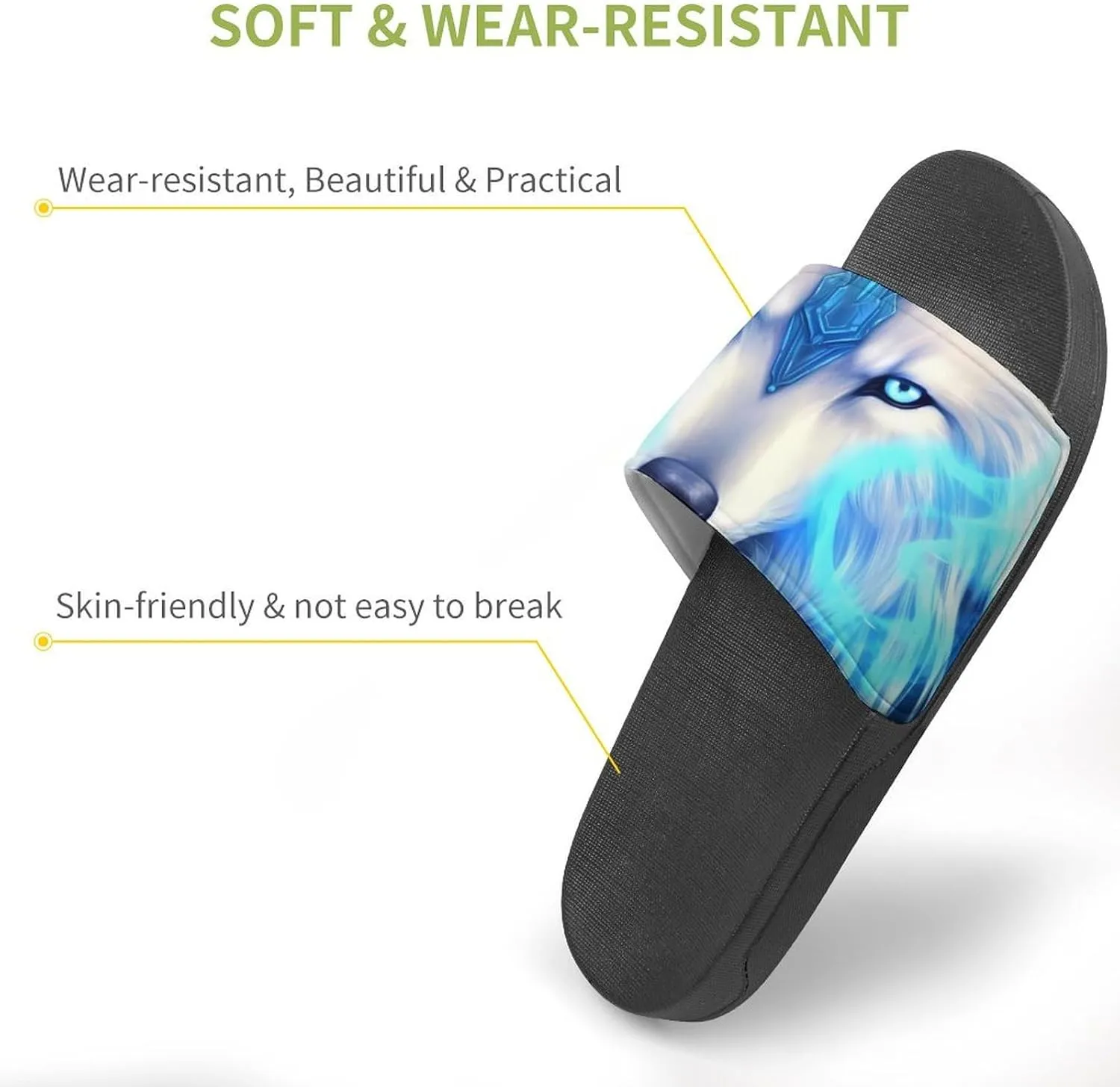 White Ice Wolf Men's Slide Sandal Non Slip Shower Shoes Bathroom Slippers for Pool Beach