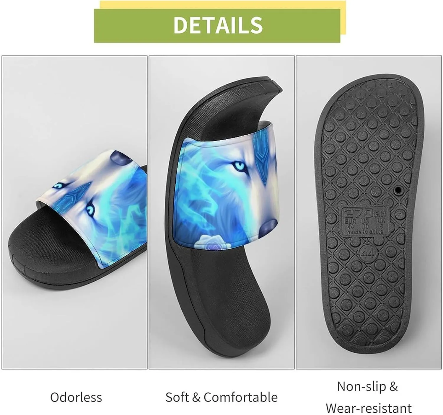 White Ice Wolf Men's Slide Sandal Non Slip Shower Shoes Bathroom Slippers for Pool Beach