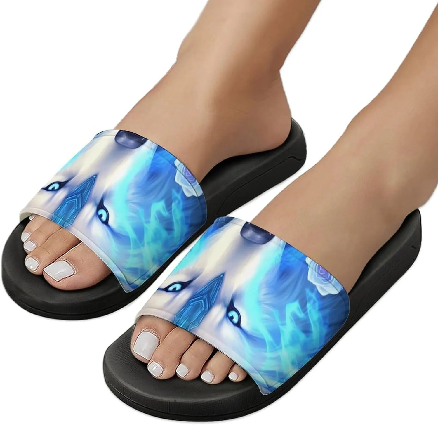 White Ice Wolf Men's Slide Sandal Non Slip Shower Shoes Bathroom Slippers for Pool Beach
