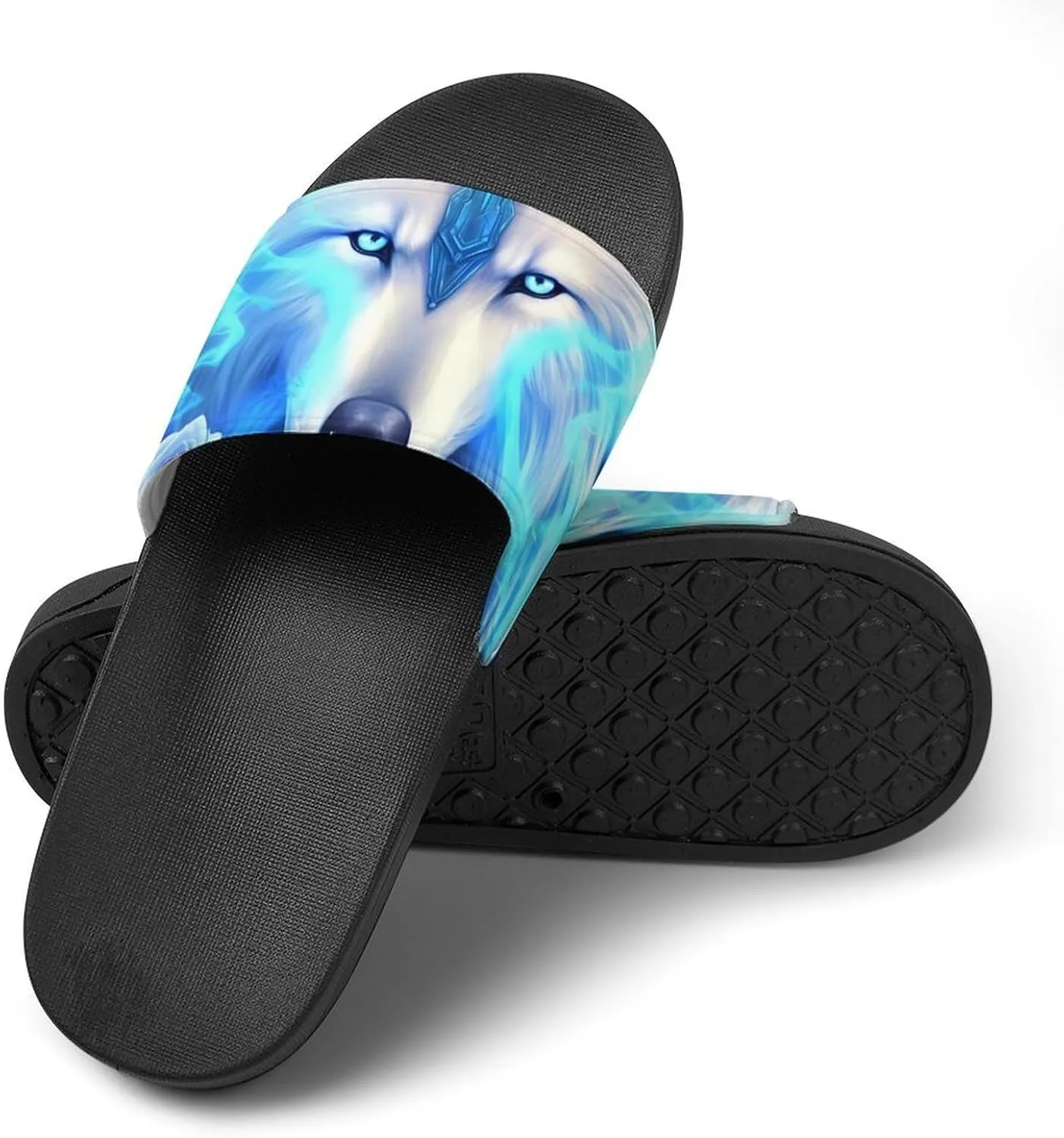 White Ice Wolf Men's Slide Sandal Non Slip Shower Shoes Bathroom Slippers for Pool Beach