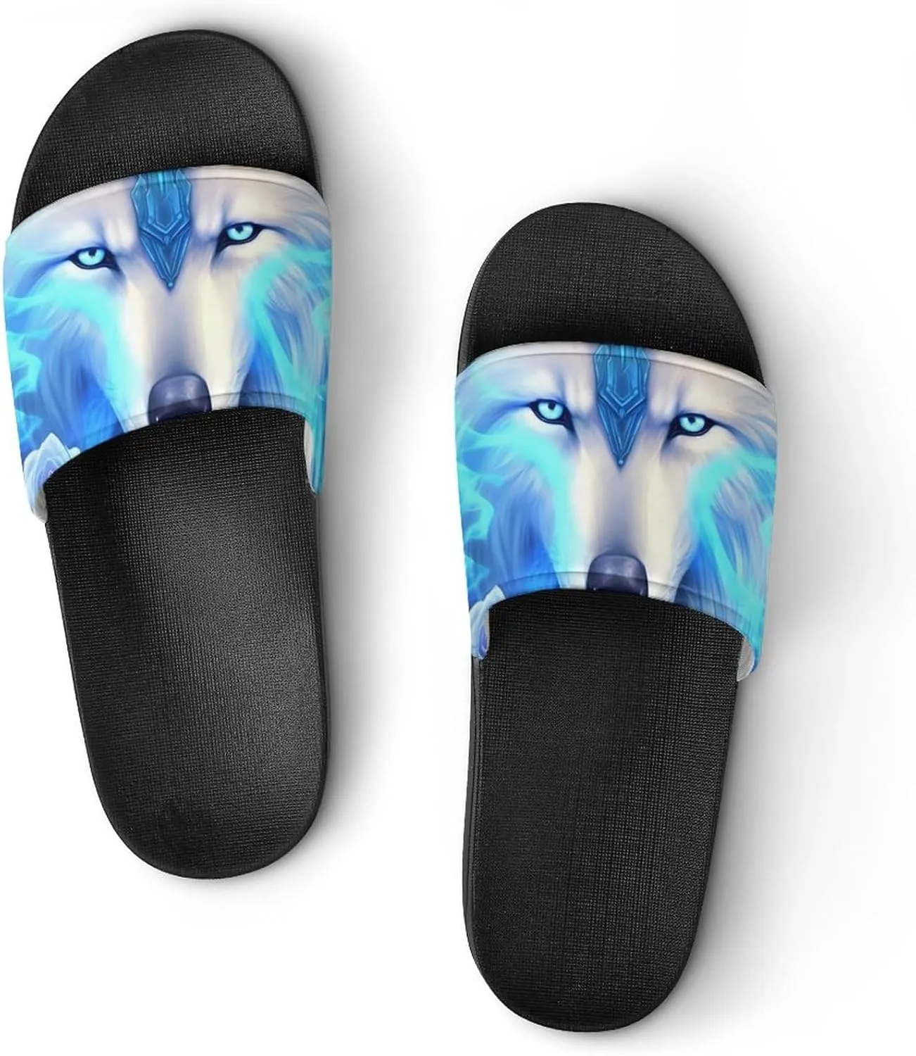 White Ice Wolf Men's Slide Sandal Non Slip Shower Shoes Bathroom Slippers for Pool Beach