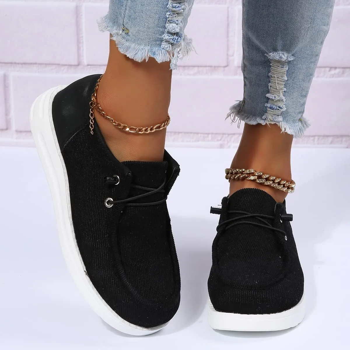 Winter Fur Lined Loafers for Womens Casual Canvas Slip on Soft Lightweight Flats Comfort Elastic Lace up Low Top Boat Shoes