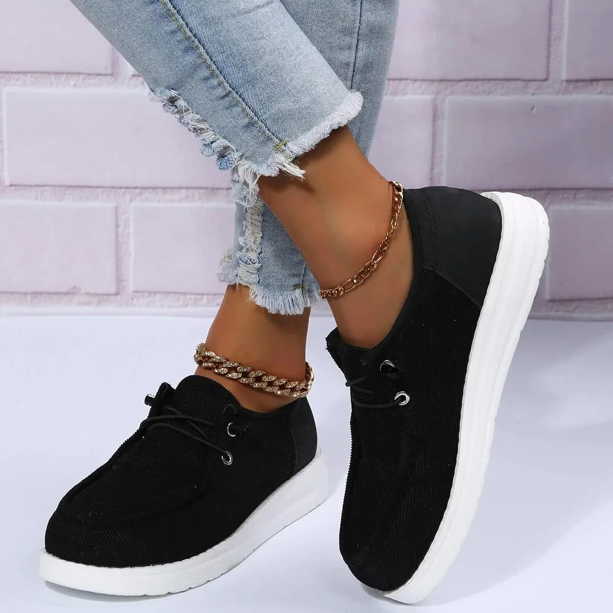 Winter Fur Lined Loafers for Womens Casual Canvas Slip on Soft Lightweight Flats Comfort Elastic Lace up Low Top Boat Shoes