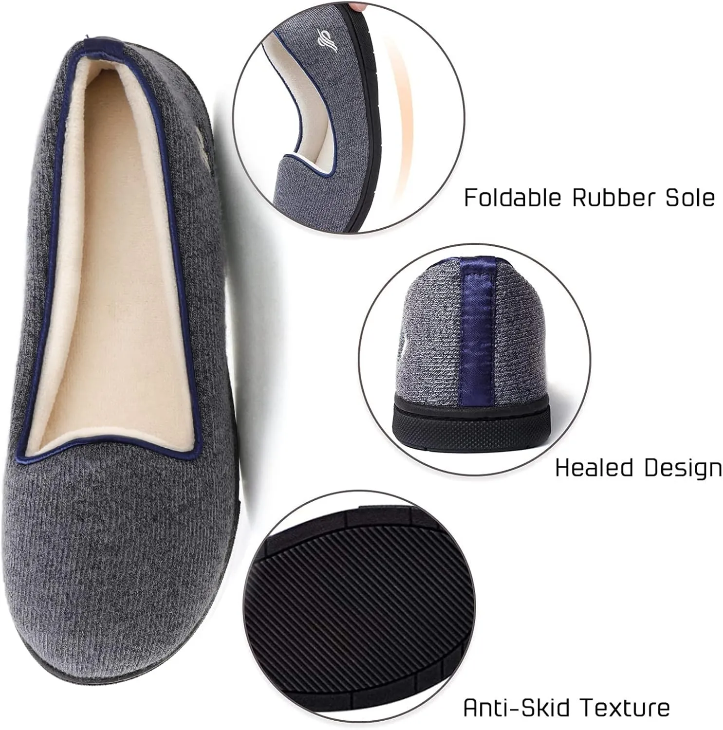 Wishcotton Women's Comfy Memory Foam ballerina House shoes, Women's Lightweight Loafer Slippers with Closed Back Indoor Outdoor