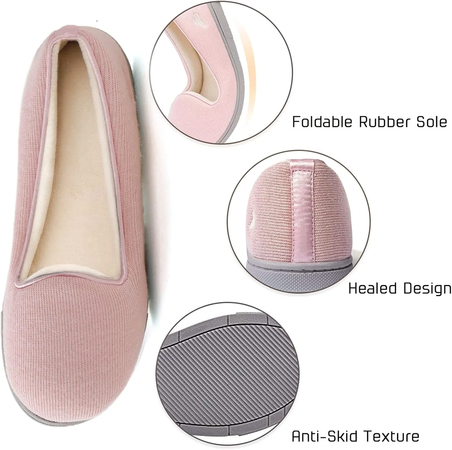 Wishcotton Women's Comfy Memory Foam ballerina House shoes, Women's Lightweight Loafer Slippers with Closed Back Indoor Outdoor