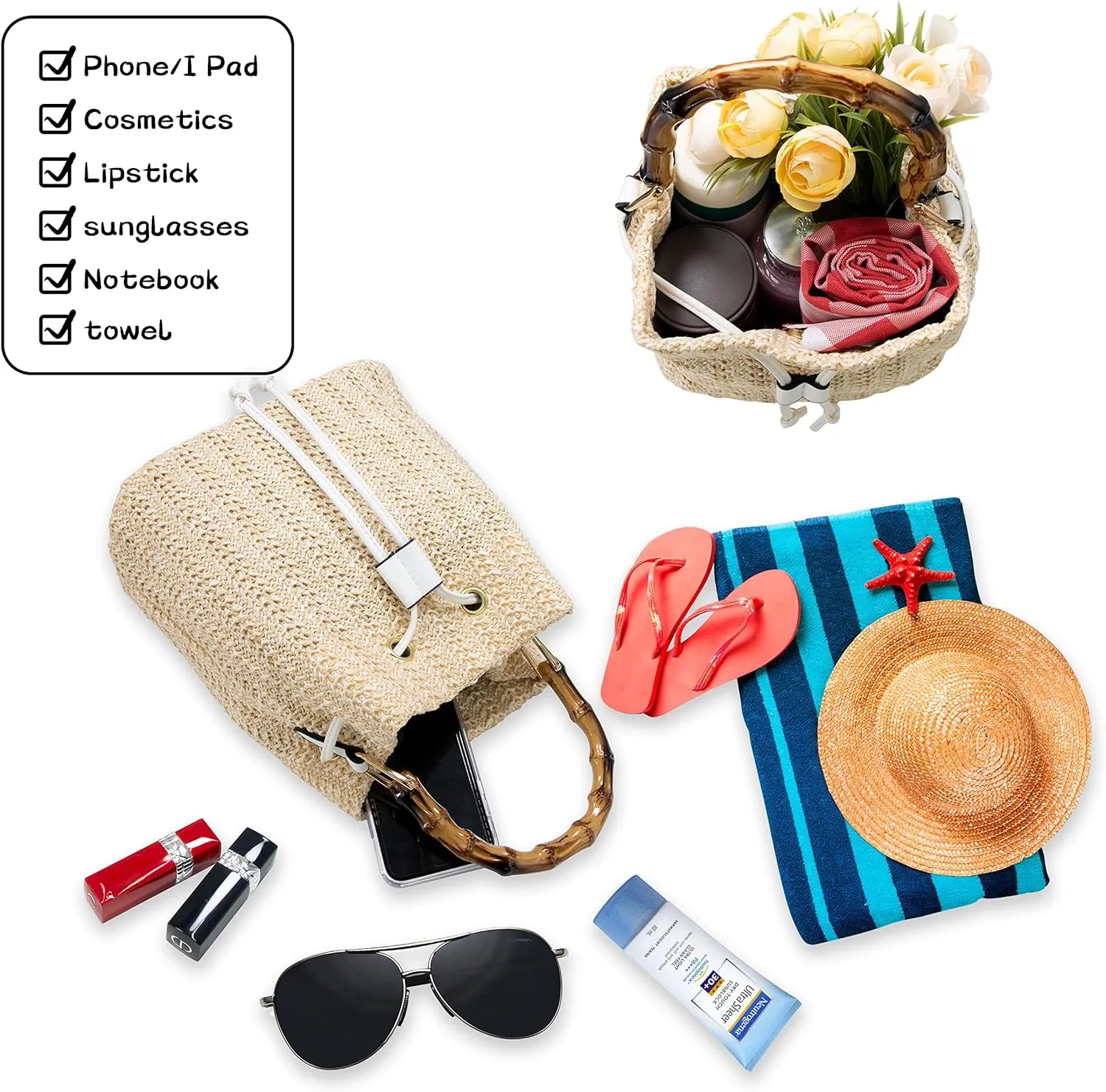 Women Beach Bag Summer Straw Woven Shoulder Bag Crossbody Bucket Handbags Handmade Hobo Purse Bamboo Handle