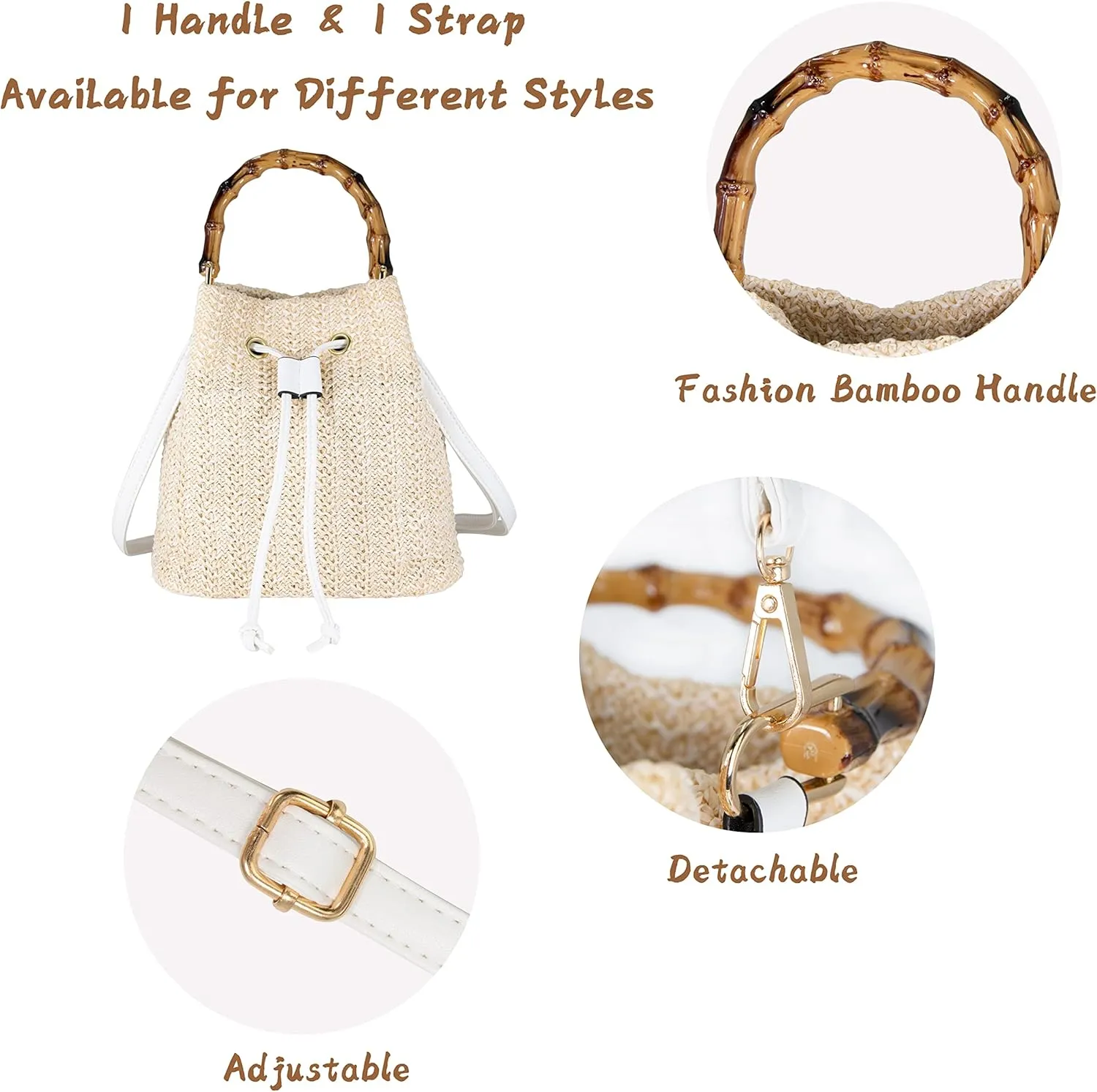 Women Beach Bag Summer Straw Woven Shoulder Bag Crossbody Bucket Handbags Handmade Hobo Purse Bamboo Handle