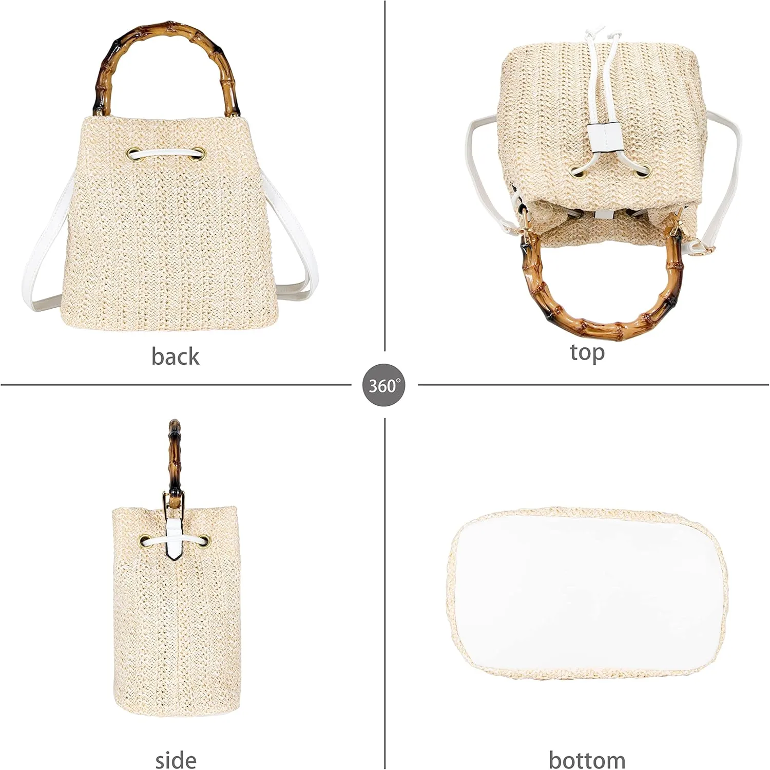 Women Beach Bag Summer Straw Woven Shoulder Bag Crossbody Bucket Handbags Handmade Hobo Purse Bamboo Handle