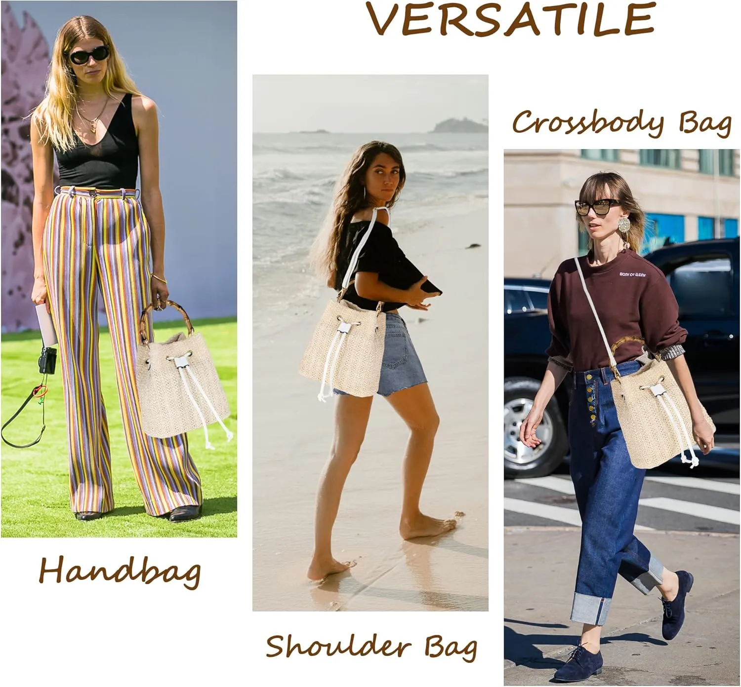 Women Beach Bag Summer Straw Woven Shoulder Bag Crossbody Bucket Handbags Handmade Hobo Purse Bamboo Handle