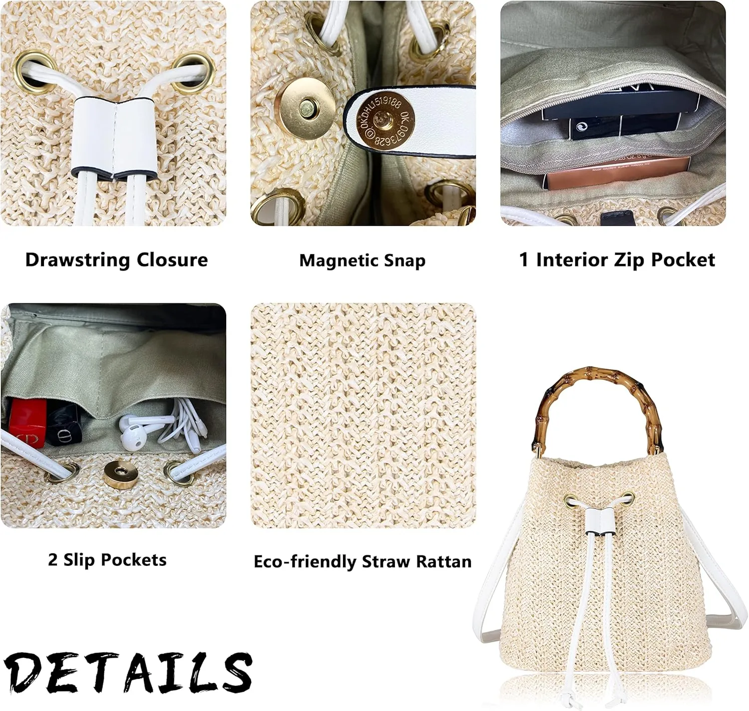 Women Beach Bag Summer Straw Woven Shoulder Bag Crossbody Bucket Handbags Handmade Hobo Purse Bamboo Handle