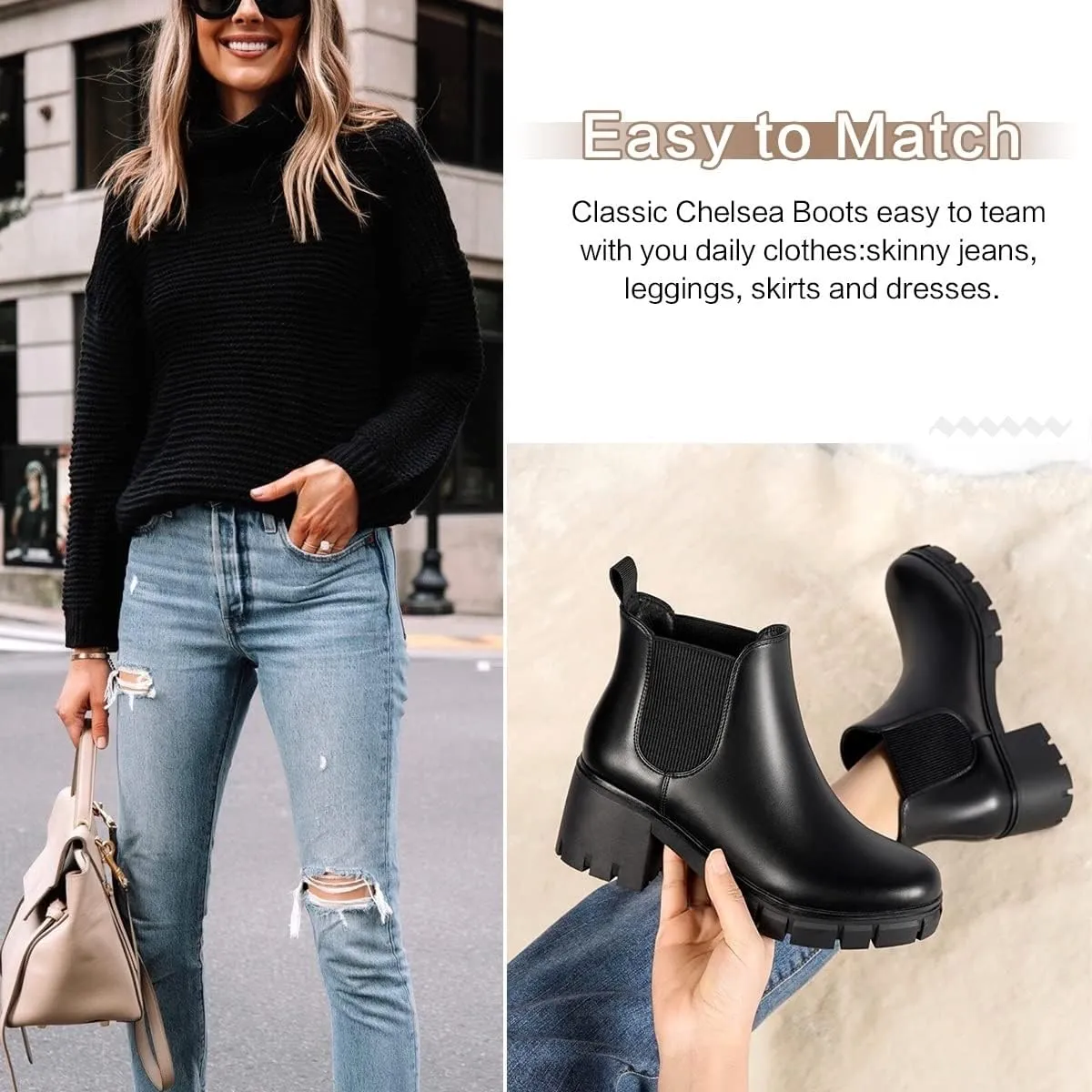 Women Chelsea Boots Comfortable Lug Sole Slip On Ankle Booties