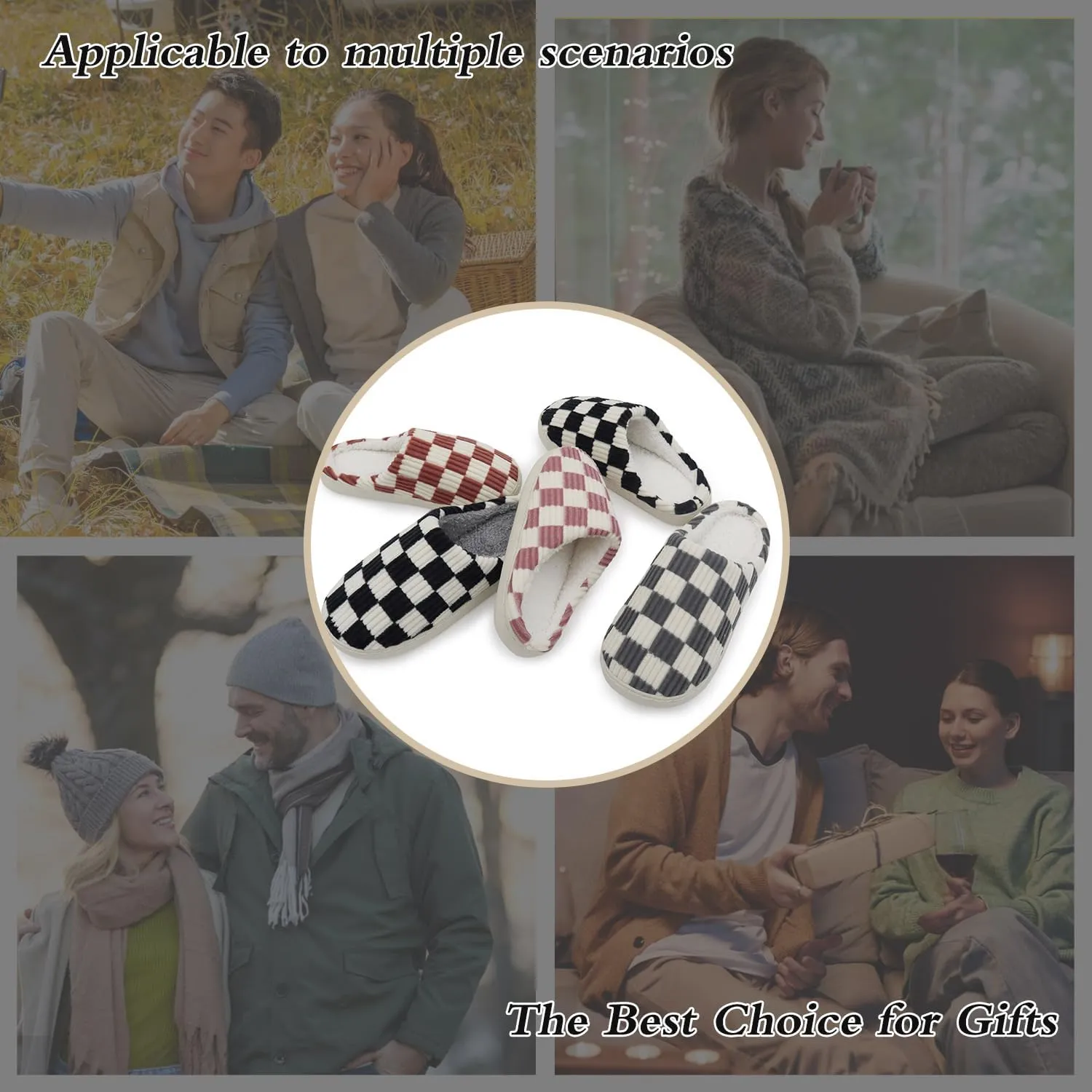 Women House Fuzzy Slippers - Plaid Scuff Checkered Slip-on Memory Foam Indoor Outdoor Comfortable Soft Slides