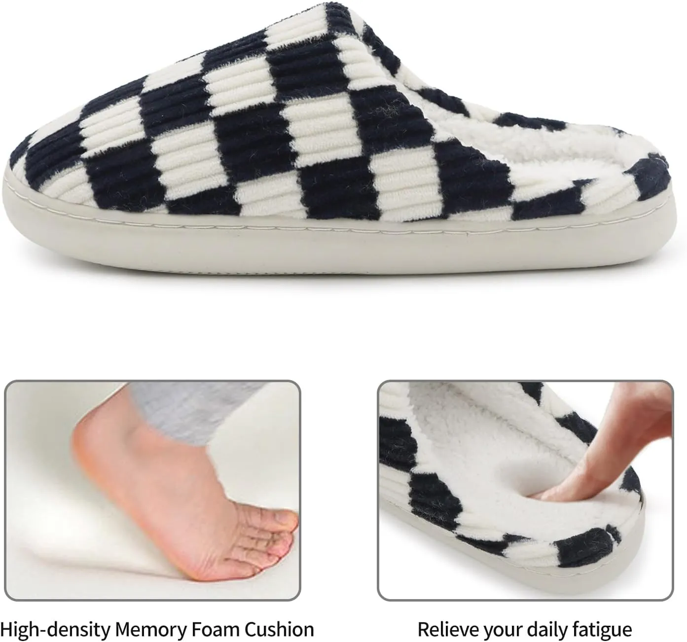 Women House Fuzzy Slippers - Plaid Scuff Checkered Slip-on Memory Foam Indoor Outdoor Comfortable Soft Slides