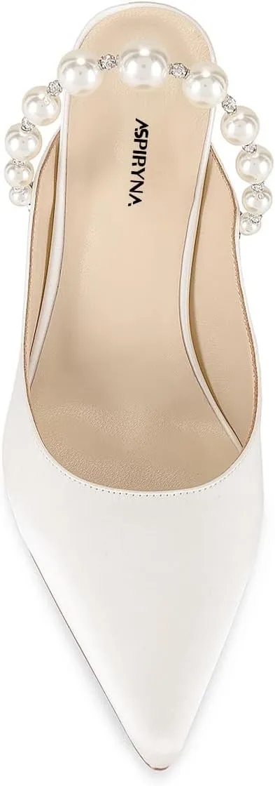 Women Pointy Toe Slip on Satin Mules Pearl Beaded Stiletto High Heel Slide Sandals Dainty Party Club Date Shoes Size 4-16 US