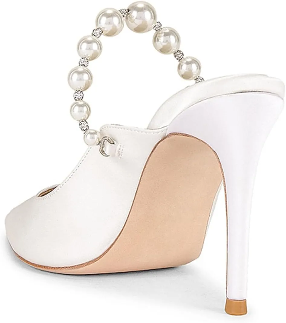 Women Pointy Toe Slip on Satin Mules Pearl Beaded Stiletto High Heel Slide Sandals Dainty Party Club Date Shoes Size 4-16 US