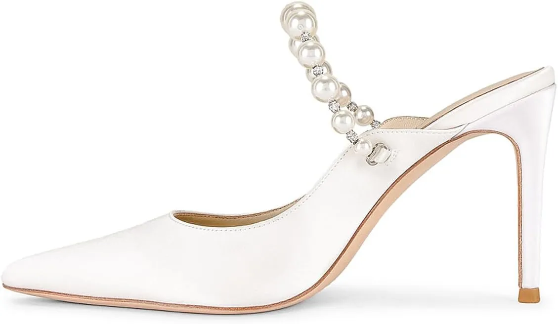 Women Pointy Toe Slip on Satin Mules Pearl Beaded Stiletto High Heel Slide Sandals Dainty Party Club Date Shoes Size 4-16 US
