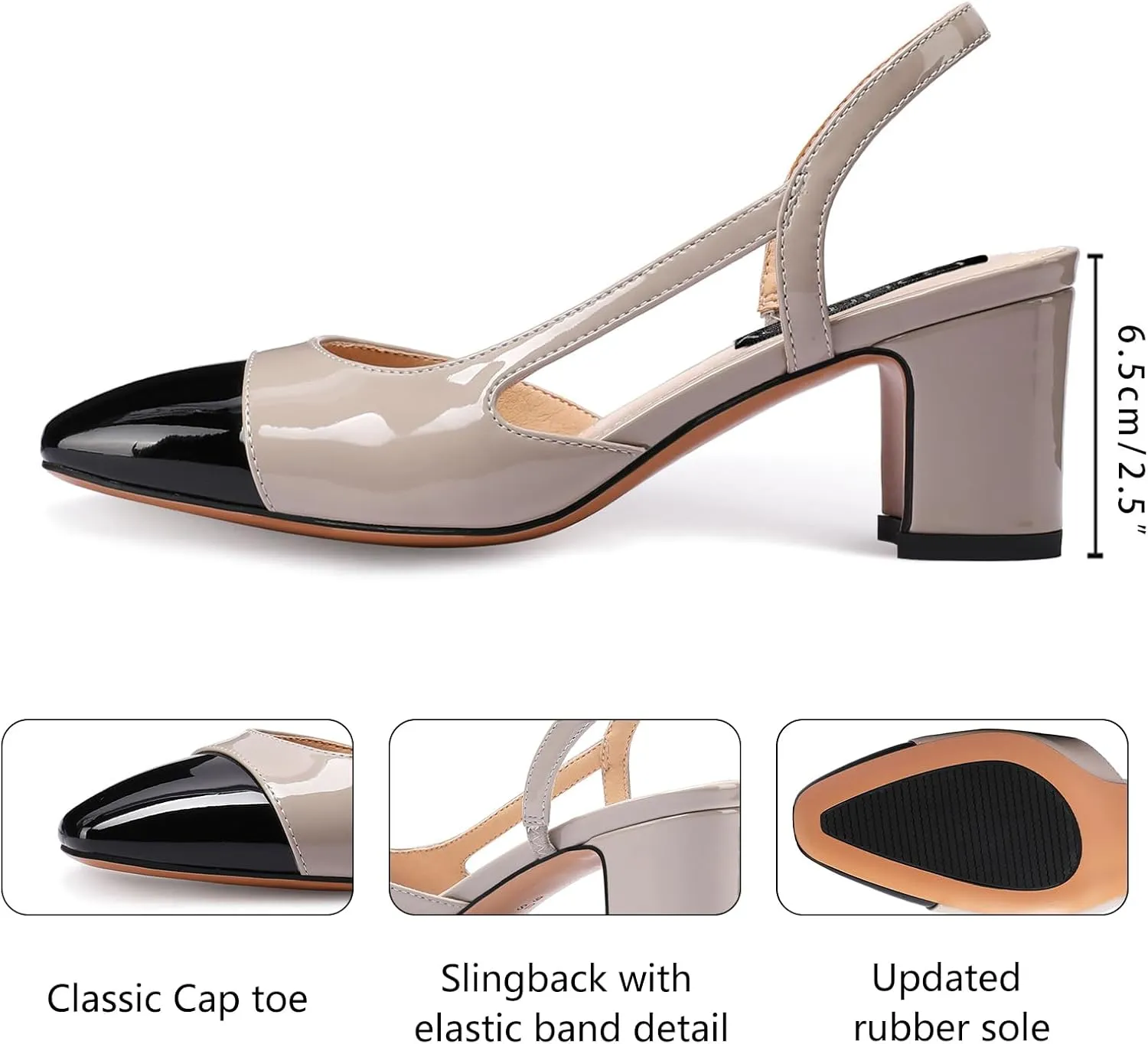 Women Slingback Heeled Sandals Cap Toe Block Mid Heel Pumps Two Toned Chunky Heels Vintage Formal Dress Slide Shoes