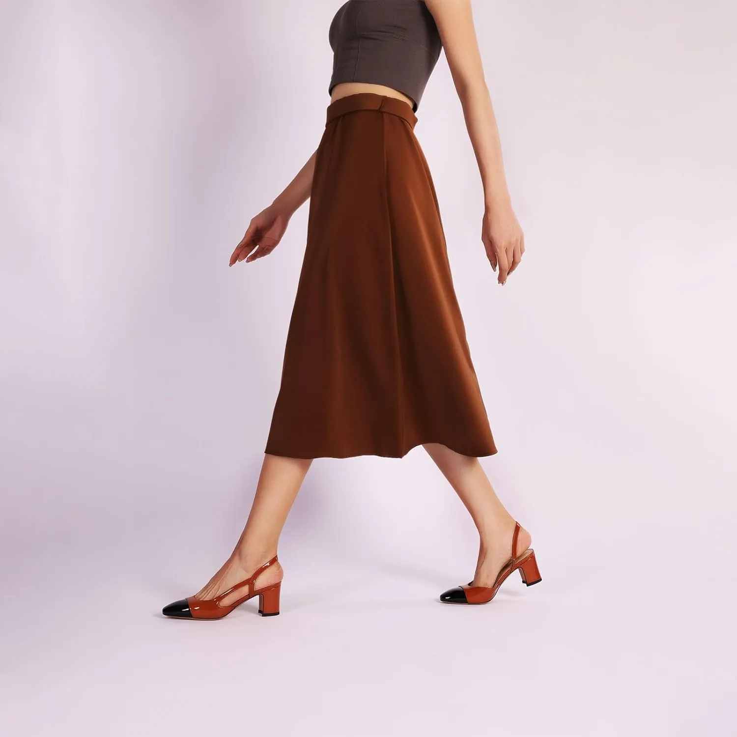 Women Slingback Heeled Sandals Cap Toe Block Mid Heel Pumps Two Toned Chunky Heels Vintage Formal Dress Slide Shoes