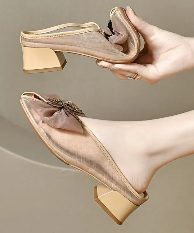 Women Splicing Chunky Black Tulle Bow Slide Sandals