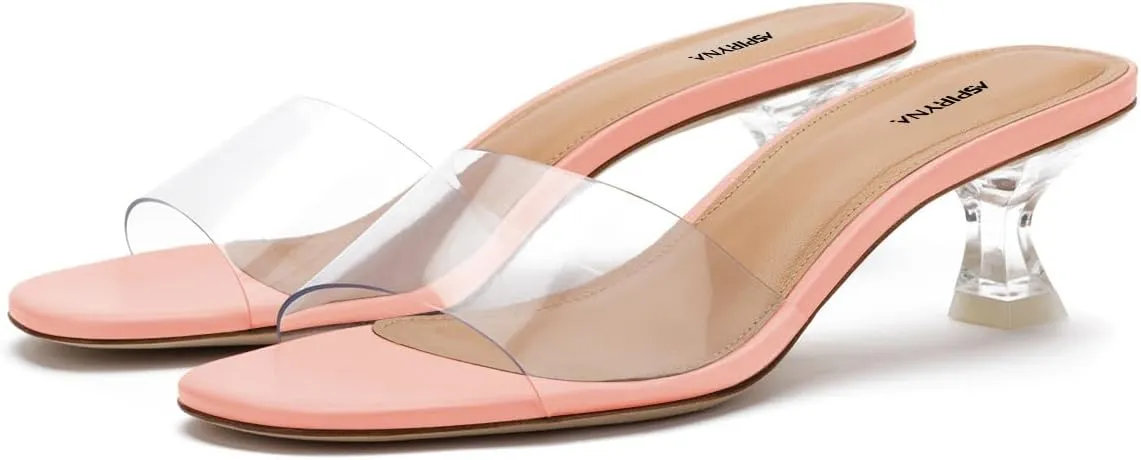 Women Stylish Slip on Transparent Mules Clear Kitten Low Heel Open Toe Comfy Slide Sandals Summer Daily Casual Dress Slippers Size 4-16 US