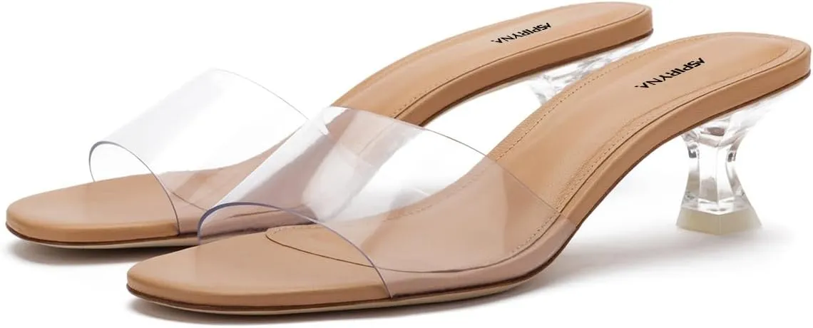 Women Stylish Slip on Transparent Mules Clear Kitten Low Heel Open Toe Comfy Slide Sandals Summer Daily Casual Dress Slippers Size 4-16 US