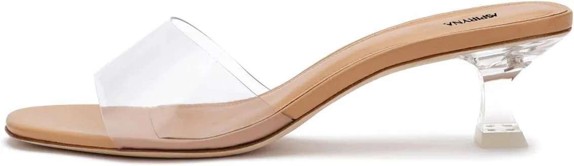 Women Stylish Slip on Transparent Mules Clear Kitten Low Heel Open Toe Comfy Slide Sandals Summer Daily Casual Dress Slippers Size 4-16 US