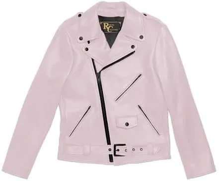Women's Biker Rider Rocker Retro Motorcycle Motorbike Genuine Cowhide Baby Pink Leather jacket