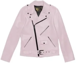 Women's Biker Rider Rocker Retro Motorcycle Motorbike Genuine Cowhide Baby Pink Leather jacket