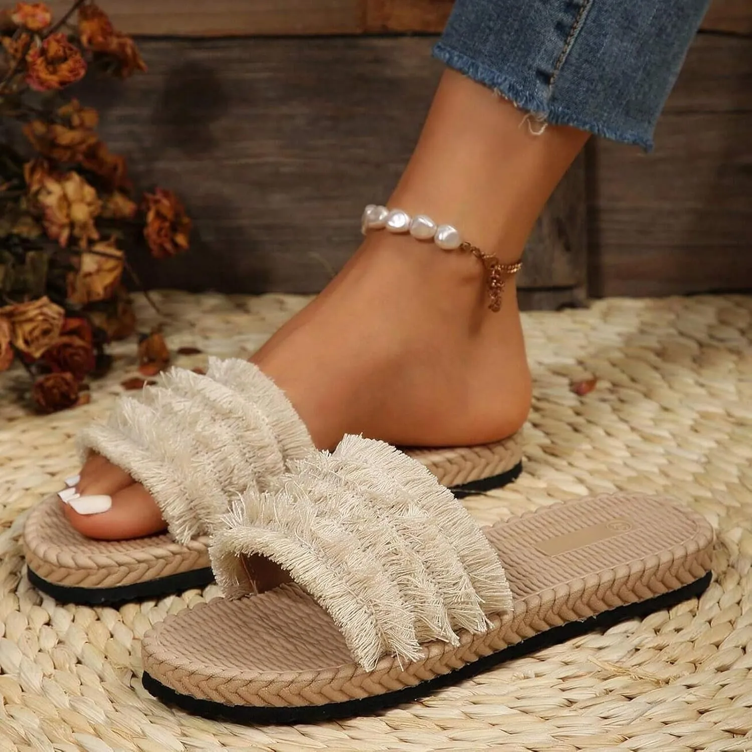 Womens Boho Sandals Woven Indoor Breathable Outdoor Shoes Flax Cross House Slippers Summer Outdoor Sandal