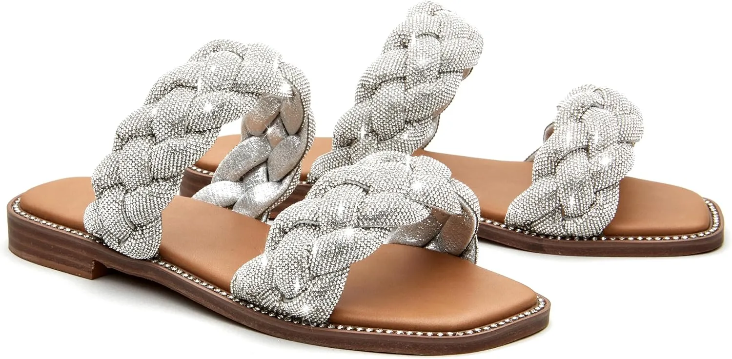 Women's Braided Two Strap Slide Dressy Square Toe Sandal