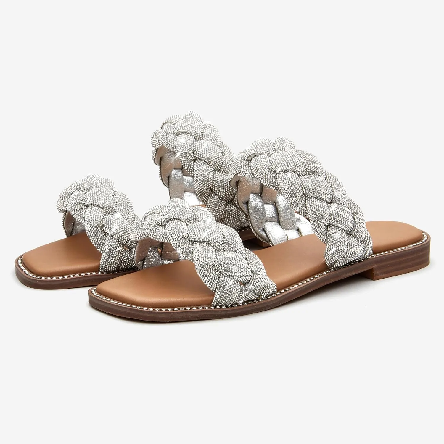 Women's Braided Two Strap Slide Dressy Square Toe Sandal