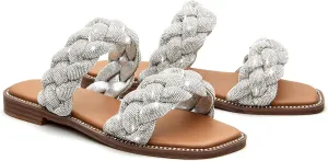 Women's Braided Two Strap Slide Dressy Square Toe Sandal