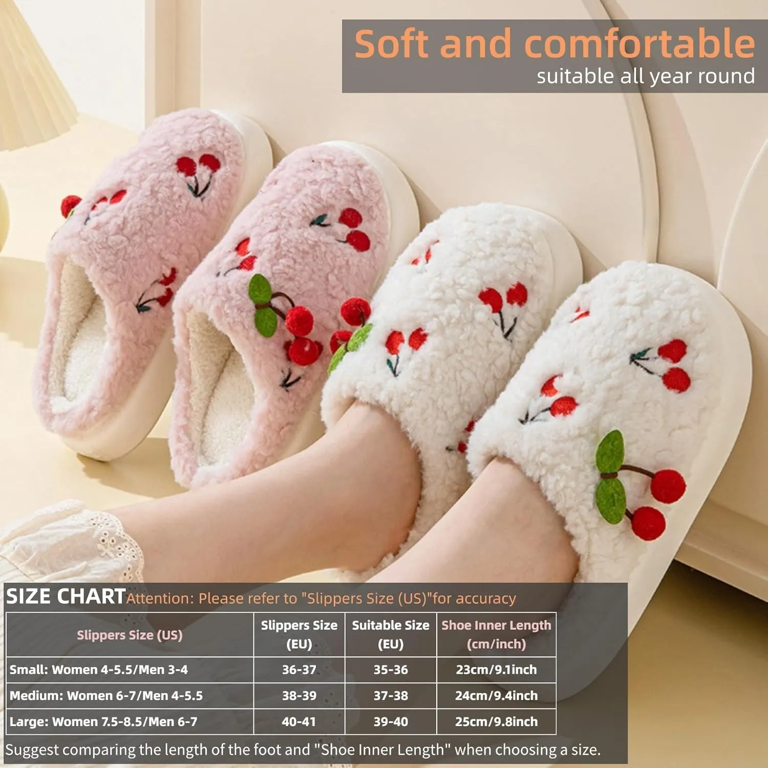 Women's Cherry Slippers Cozy Winter Warm Fuzzy Slippers with Non-Slip Sole Cute Indoor Home Slip On Plush Bedroom House Shoes Gifts