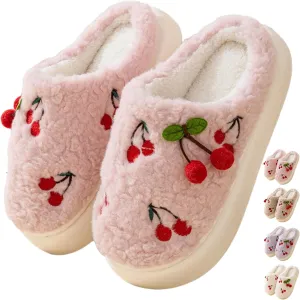 Women's Cherry Slippers Cozy Winter Warm Fuzzy Slippers with Non-Slip Sole Cute Indoor Home Slip On Plush Bedroom House Shoes Gifts
