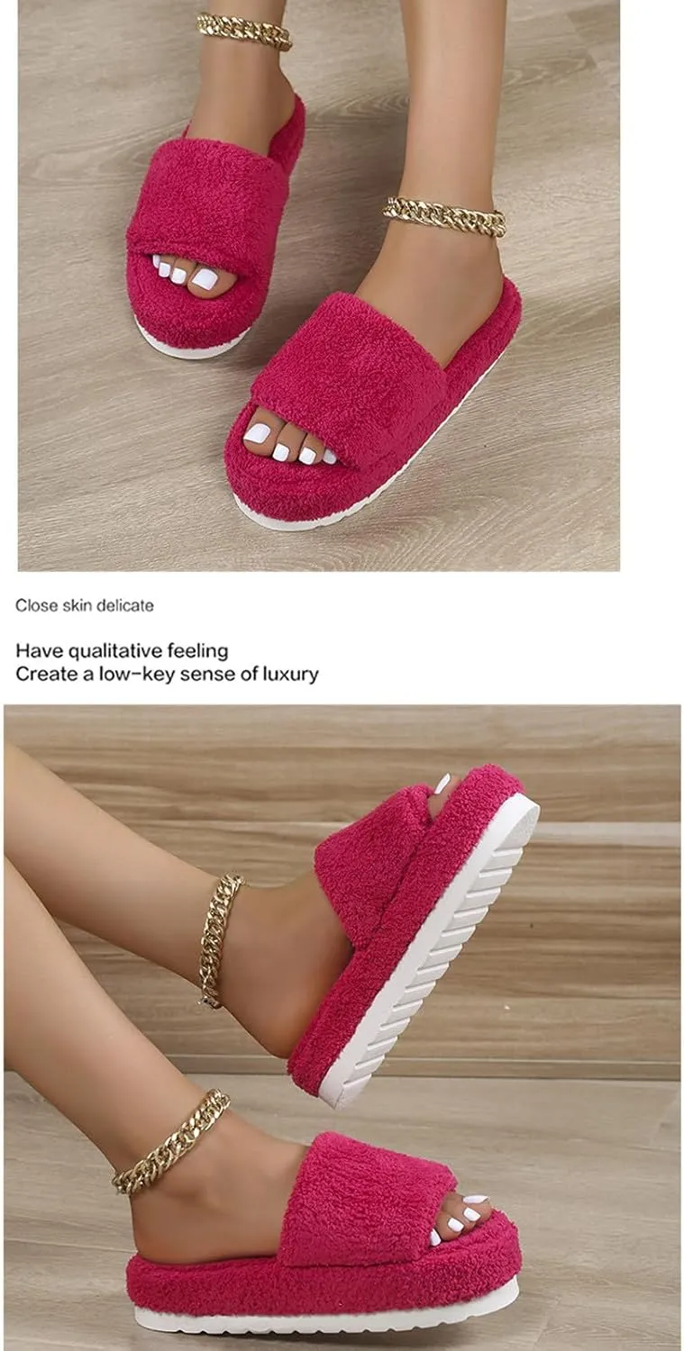Women's Chunky Fluffy Solid Sandal Slip on Open Toe Lounge Slide Comfy Soft Summer Slipper Anti-Slip Platform Flat
