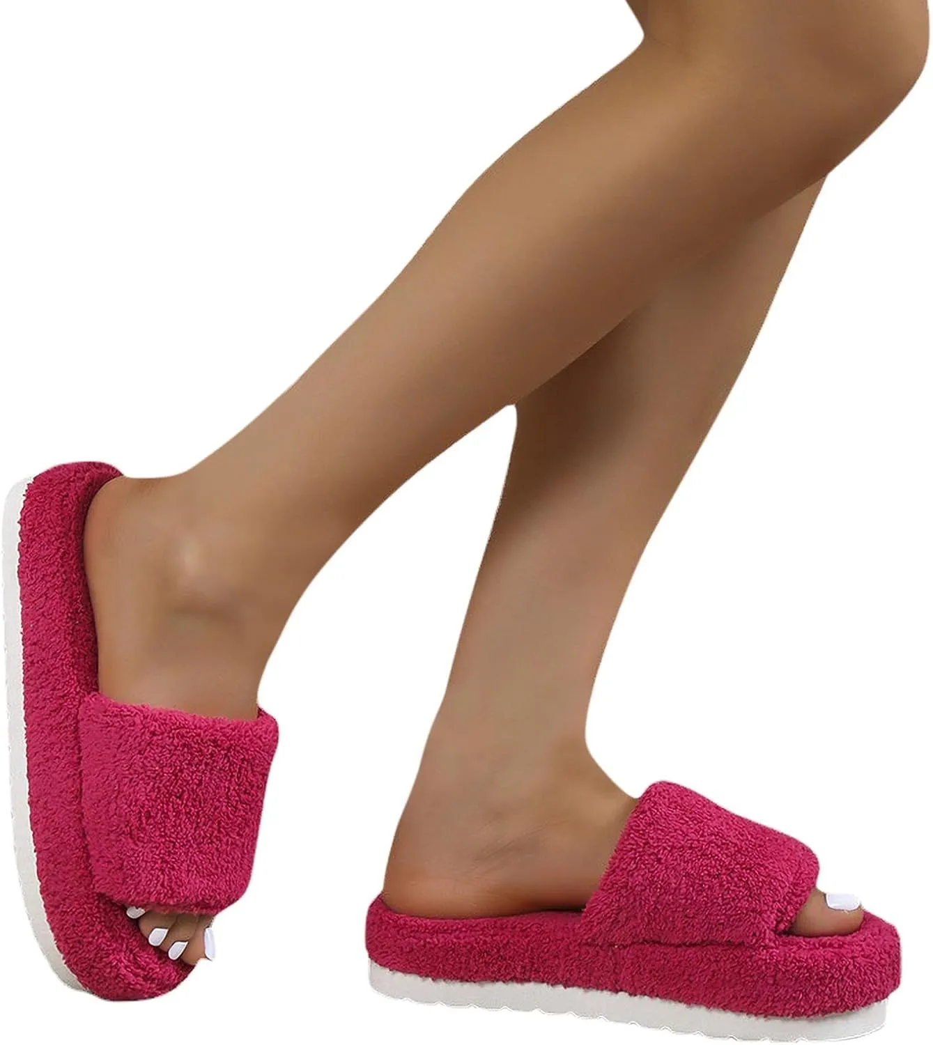 Women's Chunky Fluffy Solid Sandal Slip on Open Toe Lounge Slide Comfy Soft Summer Slipper Anti-Slip Platform Flat
