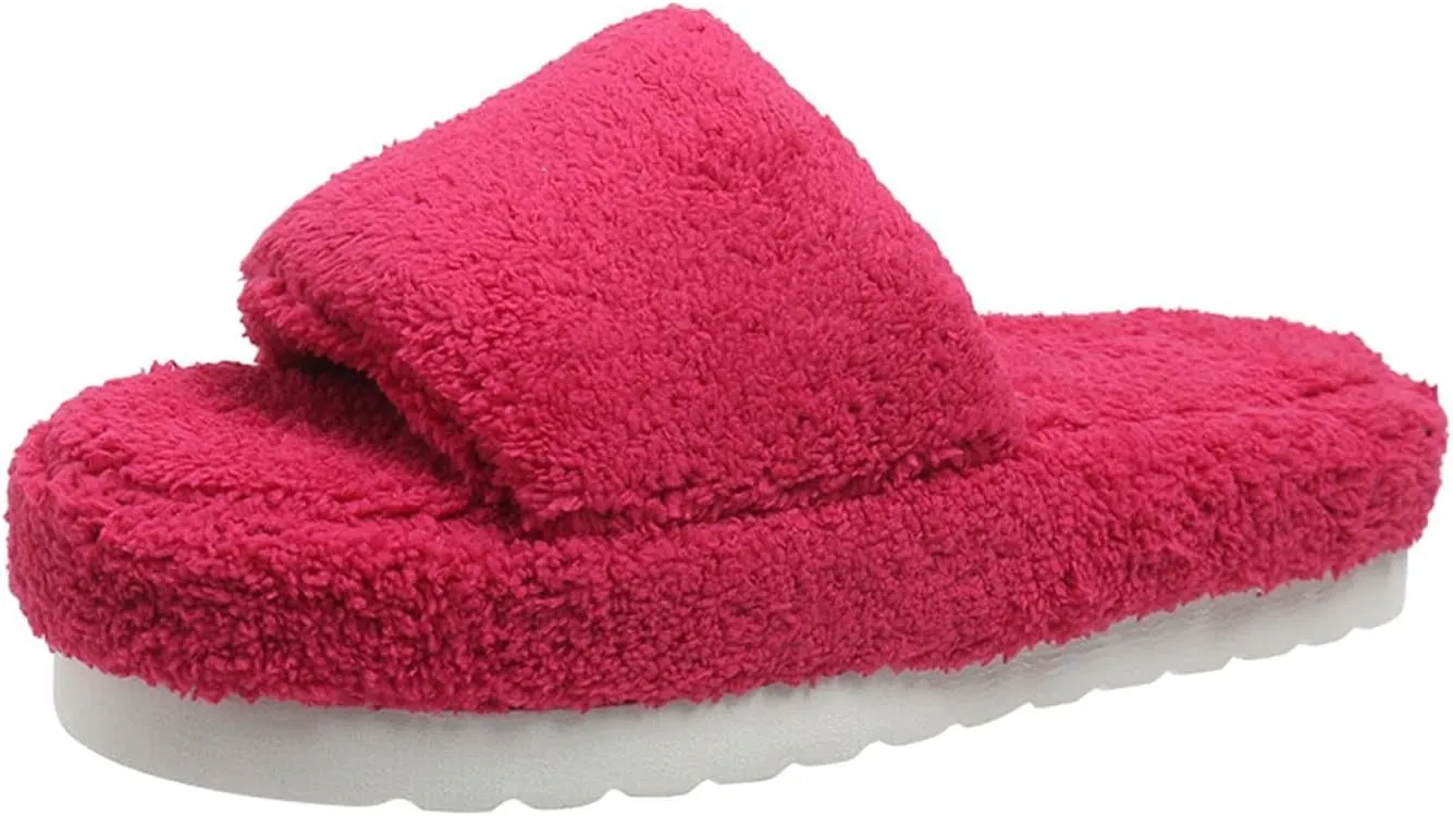 Women's Chunky Fluffy Solid Sandal Slip on Open Toe Lounge Slide Comfy Soft Summer Slipper Anti-Slip Platform Flat