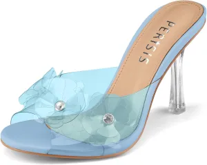Women's Clear Strap High Kitten Transparent Heel Black Red Floral Heels Sexy Slip On Round Open Peep Toe Rhinestone Mules Slide Sandals Summer Backless Party Prom Dress Shoes 3 Inch