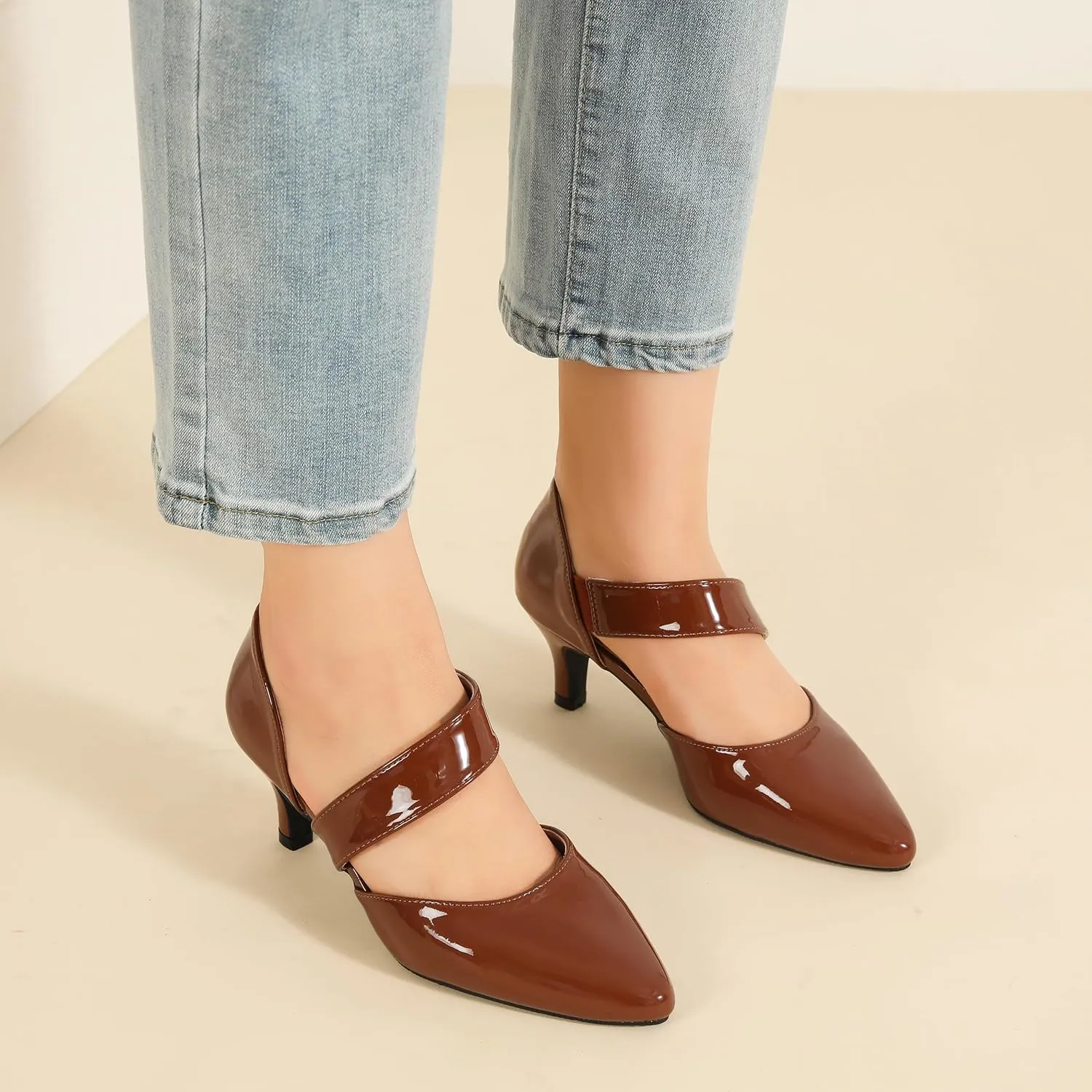 Women's Closed Pointed Toe Heels Strap D'Orsay Kitten Heel Slip On Dressy Pumps
