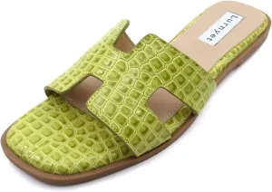 Women's Comfort Cushion Flat Sandal with Crocodile Pattern: Stylish Design Slide, Non-Slip Rubber Sole, Latex Insole for Comfort, Perfect for Parties, Gatherings, Casual Wear, Vacations, and Beach Days